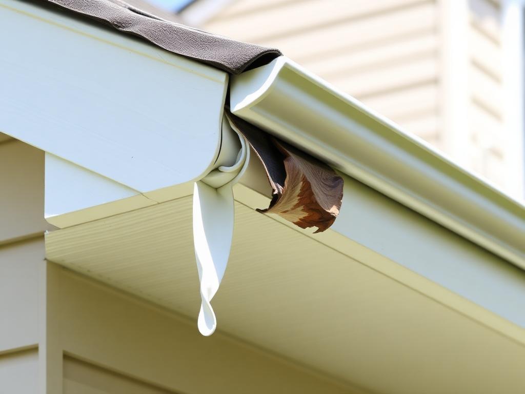 A brown leaf hangs from a gutter, showcasing the seasonal change, with the Titan Exteriors logo in the corner.