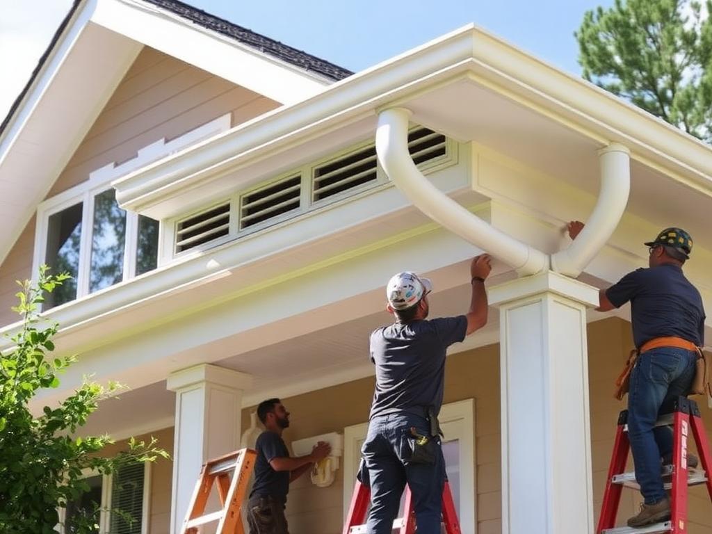Two workers from Titan Exteriors collaborating on gutter installation for a residential property.