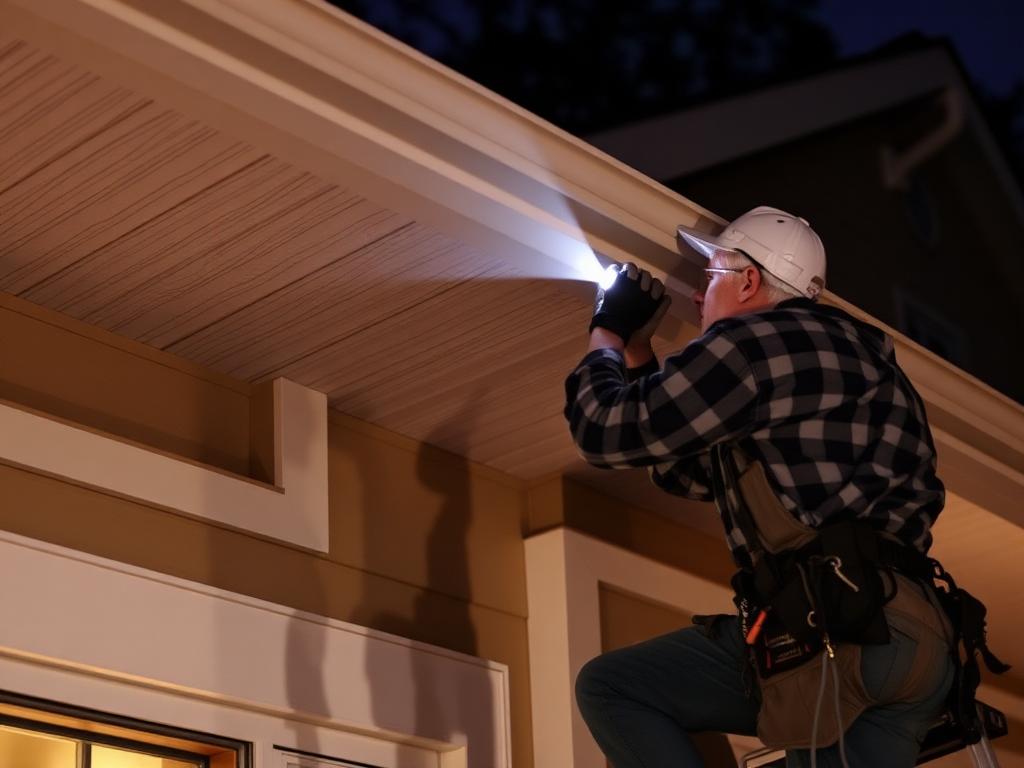 A man shines a flashlight on the roof of a house, showcasing the work of Titan Exteriors.