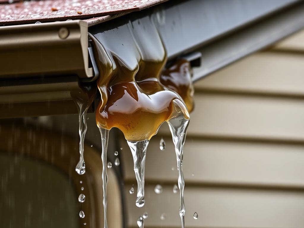 Water drips from a house gutter, showcasing the exterior maintenance by Titan Exteriors.