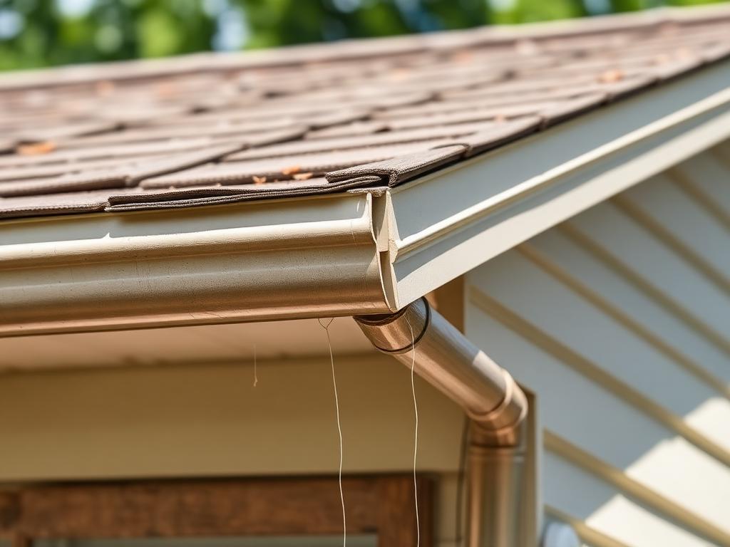 Close-up of a house gutter, showcasing its design and condition, branded by Titan Exteriors.