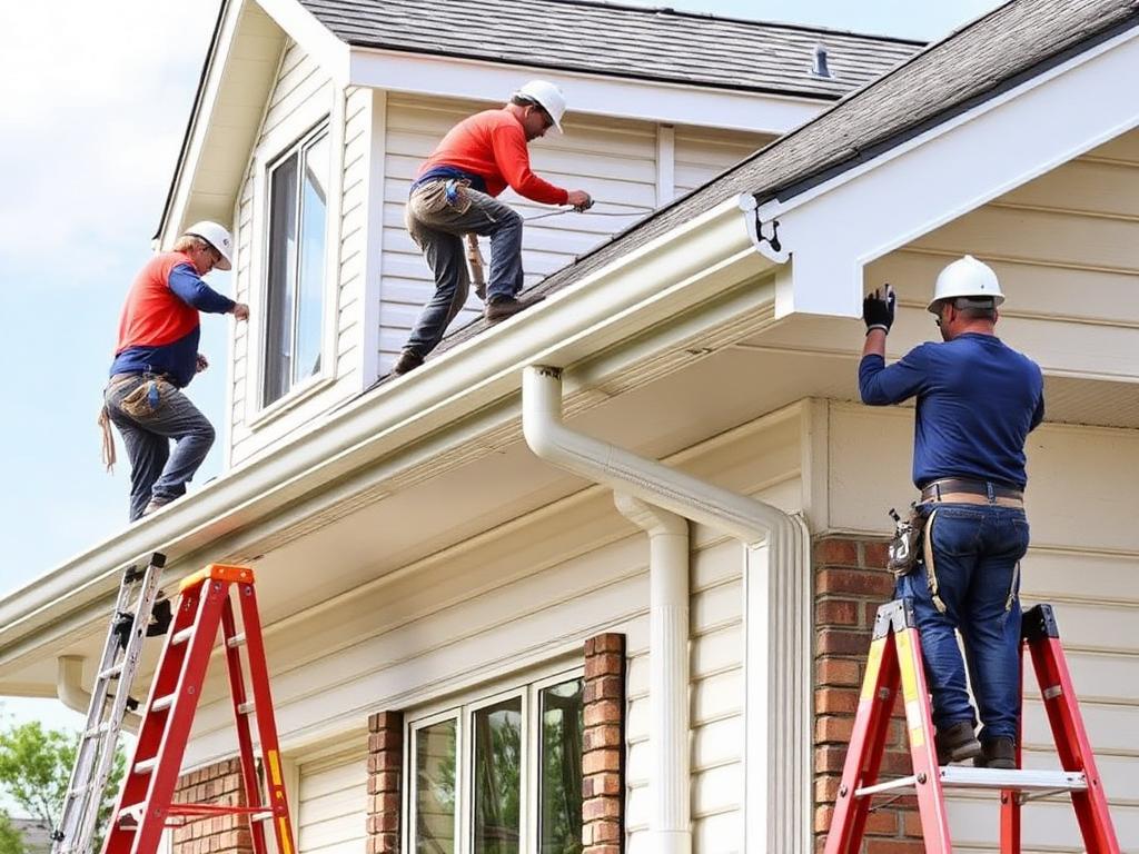 Three men from Titan Exteriors working together on the roof of a house, focused on their roofing tasks.
