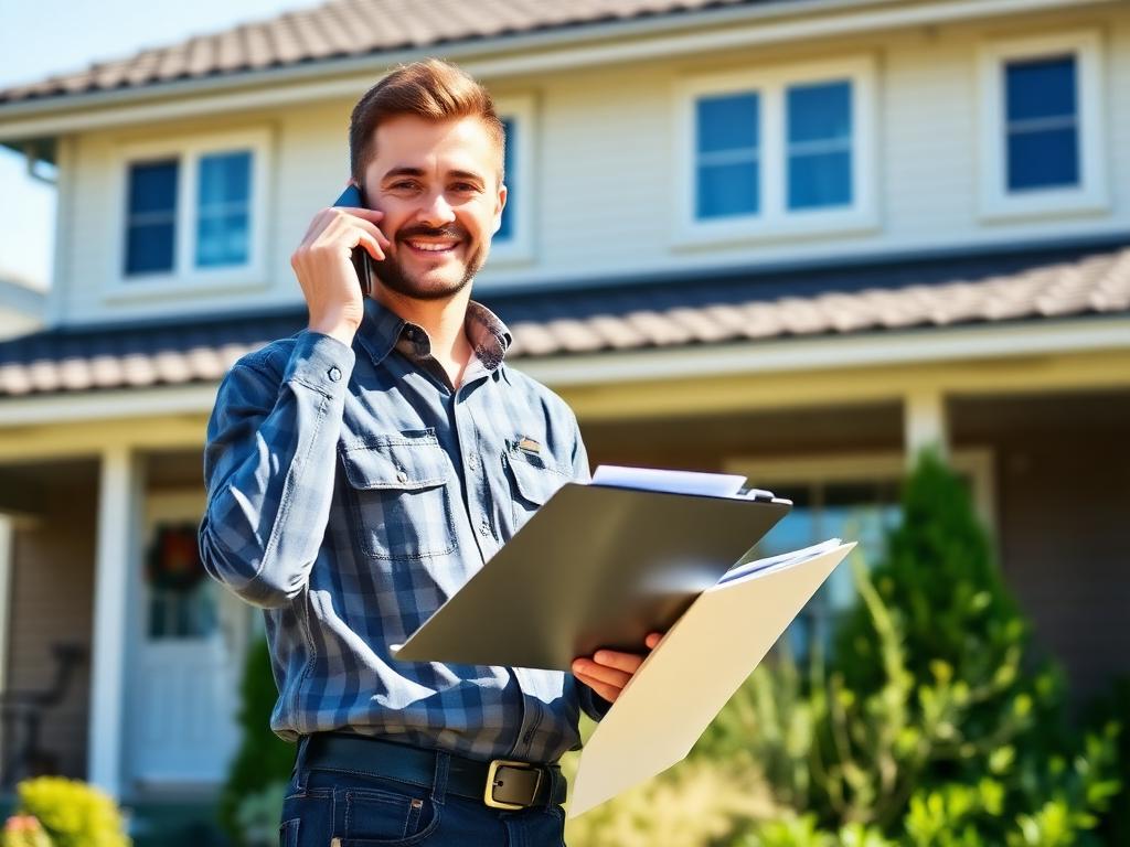 A smiling young man with a clipboard talks on the phone in front of a house, representing Titan Exteriors.