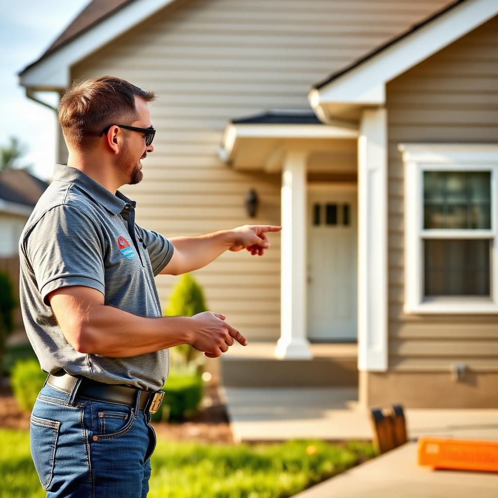 A man points to a house with a "call me" sign, promoting Titan Exteriors services.