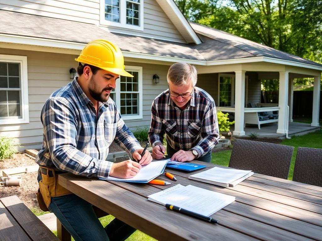 Two men in hard hats review paperwork outside a building, representing Titan Exteriors' construction project.