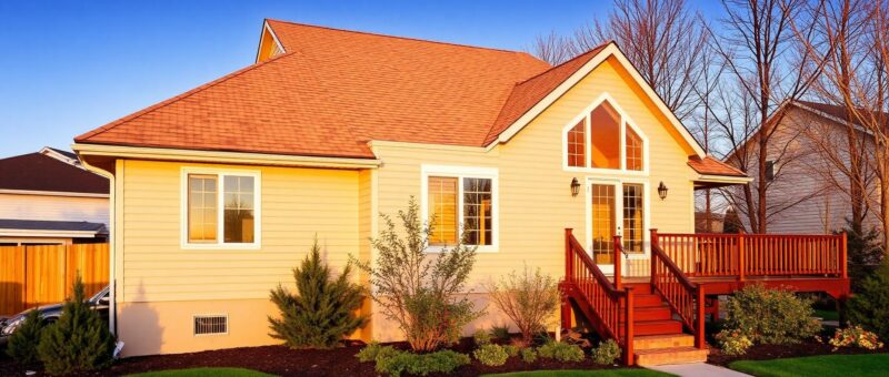A house with a red roof sits on lush green grass, showcasing Titan Exteriors' design and landscaping.
