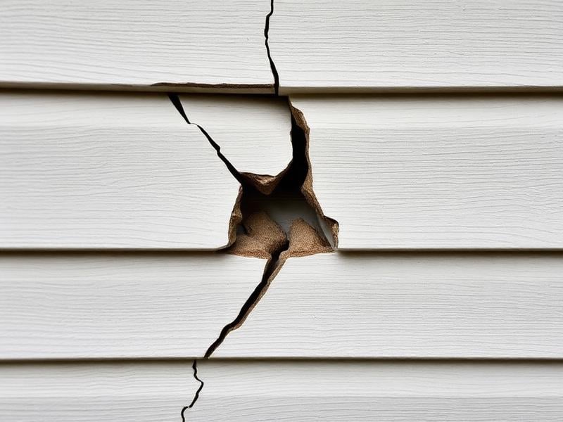 A visible crack in white siding, highlighting potential damage to the exterior of a building by Titan Exteriors.