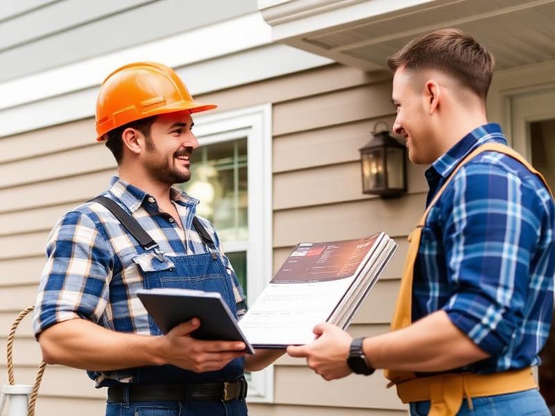 Two men in hard hats reviewing documents outside a house, representing Titan Exteriors.