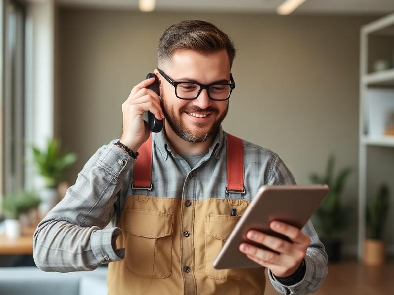 A smiling man in overalls holds a tablet, representing Titan Exteriors.