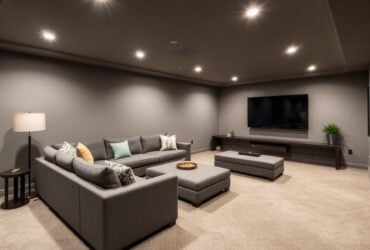 A home theater room featuring gray walls and carpet, designed by Titan Exteriors for a modern entertainment experience. A home theater room featuring gray walls and carpet, designed by Titan Exteriors for a modern entertainment experience.