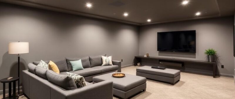 A home theater room featuring gray walls and carpet, designed by Titan Exteriors for a modern entertainment experience.