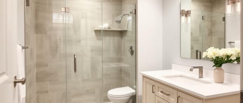 Modern bathroom layout showcasing a shower and toilet, created by Titan Exteriors.