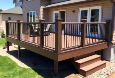 A wooden deck featuring a railing and steps, showcasing Titan Exteriors' craftsmanship and design. A wooden deck featuring a railing and steps, showcasing Titan Exteriors' craftsmanship and design.