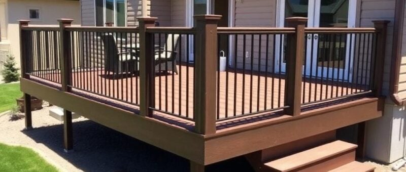 A wooden deck featuring a railing and steps, showcasing Titan Exteriors' craftsmanship and design.
