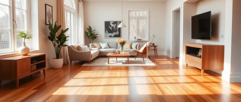 A spacious living room featuring hardwood floors and large windows, showcasing a bright and inviting atmosphere.