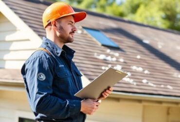 A man in a hard hat holds a clipboard, representing Titan Exteriors and overseeing a construction project. A man in a hard hat holds a clipboard, representing Titan Exteriors and overseeing a construction project.