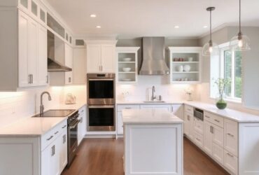 A bright, clean white kitchen featuring a spacious center island, designed by Titan Exteriors. A bright, clean white kitchen featuring a spacious center island, designed by Titan Exteriors.