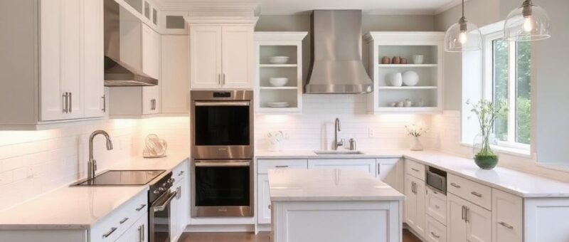 A bright, clean white kitchen featuring a spacious center island, designed by Titan Exteriors.