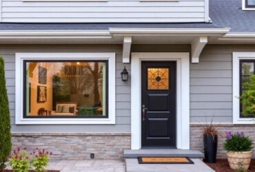 A home featuring a black door and gray siding, showcasing the craftsmanship of Titan Exteriors. A home featuring a black door and gray siding, showcasing the craftsmanship of Titan Exteriors.