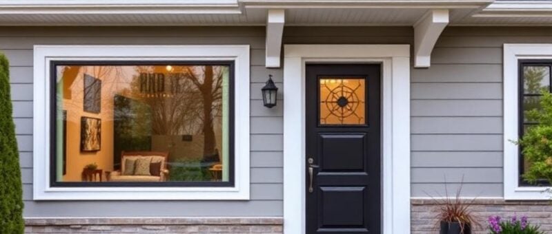 A home featuring a black door and gray siding, showcasing the craftsmanship of Titan Exteriors.